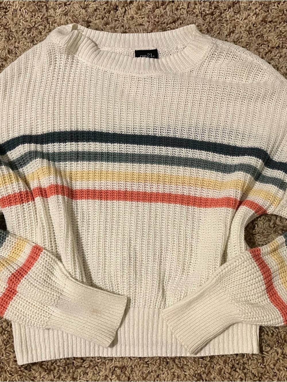 Rue21 Cream Crewneck Sweater with Green, Yellow & Coral Stripes